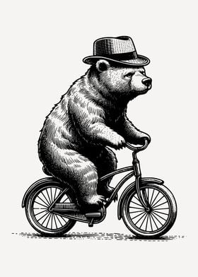 Whimsical Bear on a Bicycle: Vintage Ink Illustration