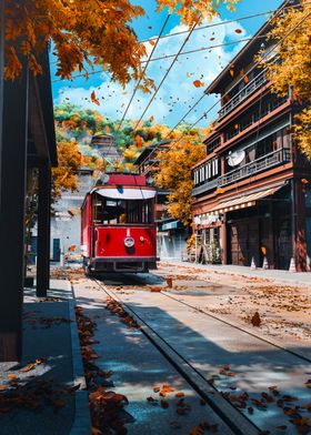 Autumn Tram in Japanese City