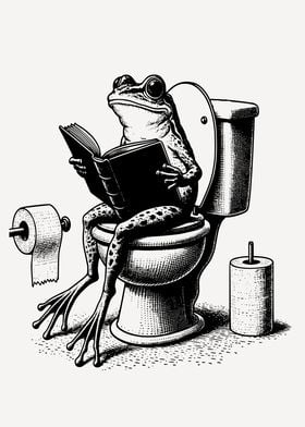 Frog Reading Book on Toilet Funny Bathroom Art