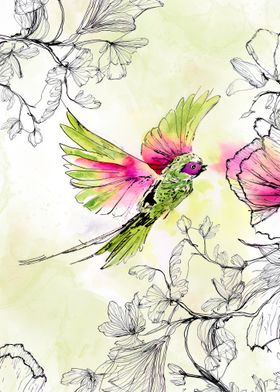 A bird bringing color to the flowers