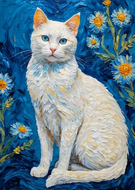 White Cat with Blue Eyes  Painting