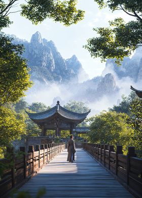 Woman Walking on Bridge in China