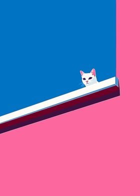 White Cat on Pink and Blue Wall