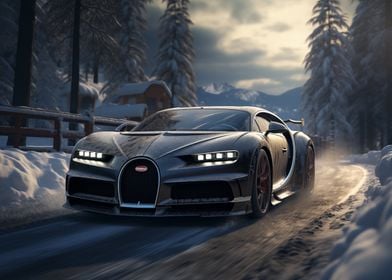 Bugatti in snowy landscape