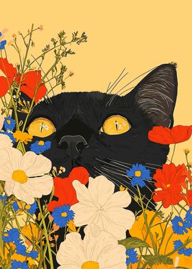 Black Cat in Flowers