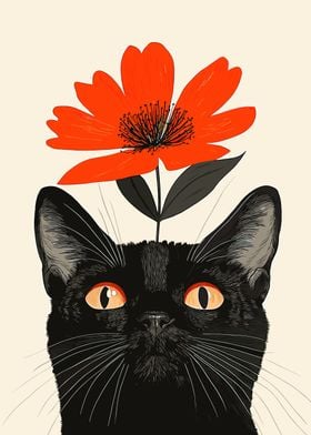 Black Cat with Flower