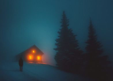 Lonely Snow Cabin in Fog