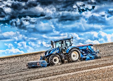 Blue Tractor in Field