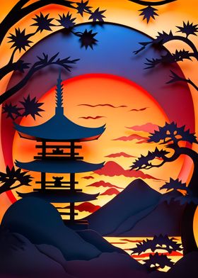 Japanese Pagoda Sunset Papercut Artwork