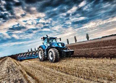 Blue Tractor in Field