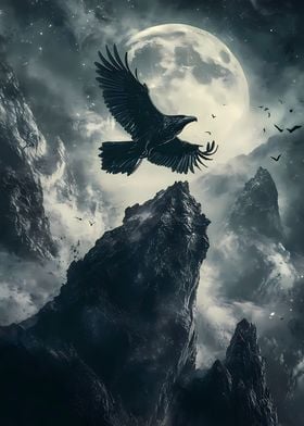 Eagle Crow Soaring Under Moon