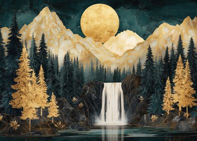 Golden Waterfall Landscape Gilded Moon with Kintsugi Mountains and Marble Sky