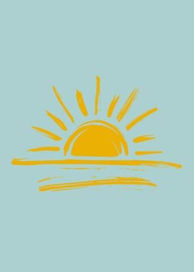 Minimalist Sunrise Drawing in Light Blue and Yellow