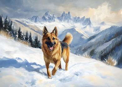 German Shepherd in Snowy Mountains