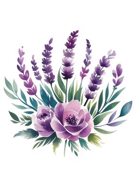 watercolor colorful purple flowers Lavender Roses green leaves blossoms graphic - Bouquet style