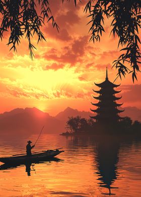 Sunset Pagoda and Fisherman