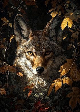 Coyote in Autumn Leaves