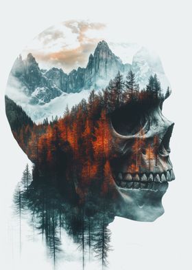 Skull Profile with Misty Mountain Landscape