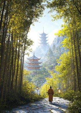 Monk Walking Through Bamboo Forest