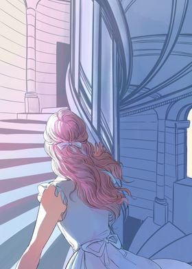 Pink-Haired Girl on Stairs