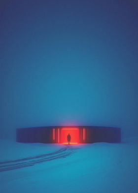 Neon Building in a Vast Snow Landscape