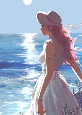 Pink-Haired Girl by the Sea