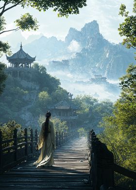 Woman in Traditional Dress on Bridge