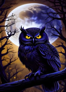 Dark Owl Under Full Moon