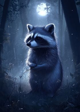 Raccoon in Moonlight Forest