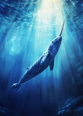 Huge Narwhal Whale Underwater