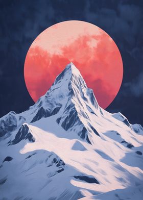 Snowy Mountain and Red Moon