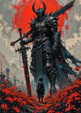 Demonic Warrior In Red Floral Landscape-preview-1