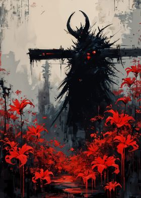 Demonic Warrior In Red Floral Landscape-preview-0