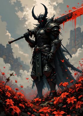 Demonic Warrior In Red Floral Landscape-preview-2