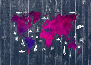 world map purple fish and surf