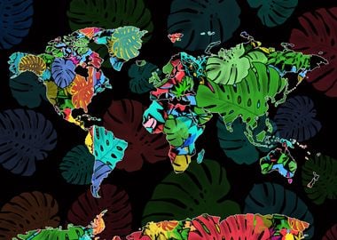 world map tropical leaves 2