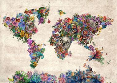 world map floral skull 2