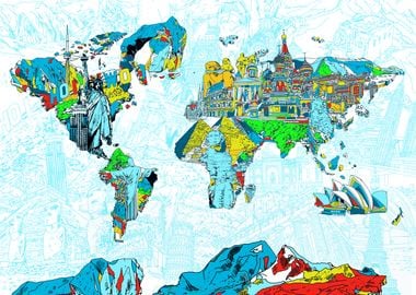 world map collage color