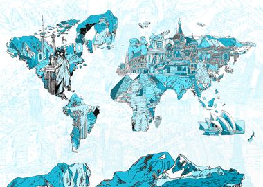 world map collage blue