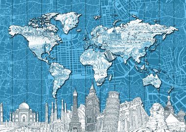 World map skyline blue