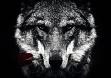 WOLF with a red rose