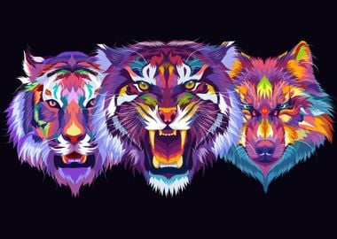 Colorful tigers and wolves