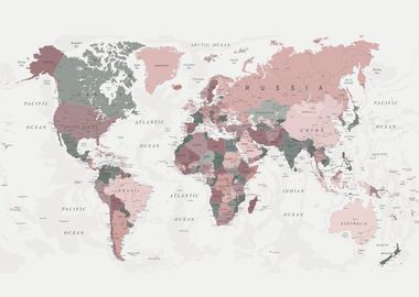 World Map Pink and Green