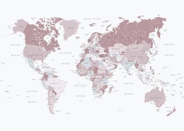 World Map in Pink and Grey