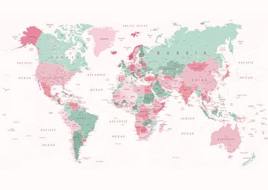 World Map in Pink and Mint