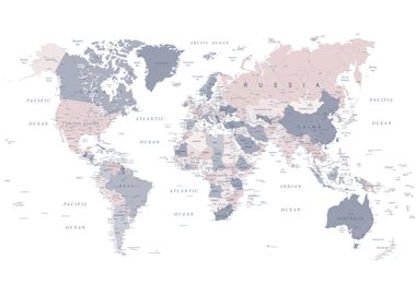 World Map in Pink and Blue