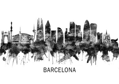 Barcelona Spain Skyline BW