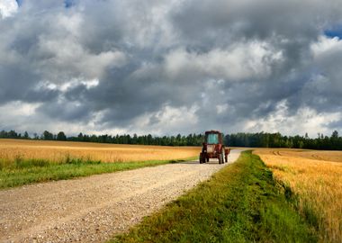 Tractor On The Road And Ce