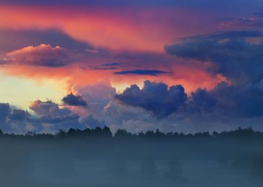 Sunset Over A Misty Field