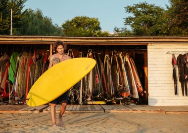 Happy Man Surfer With Surf